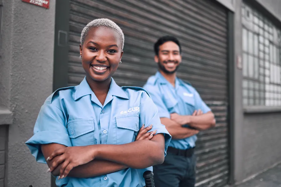 Security with arms folded and smiling.